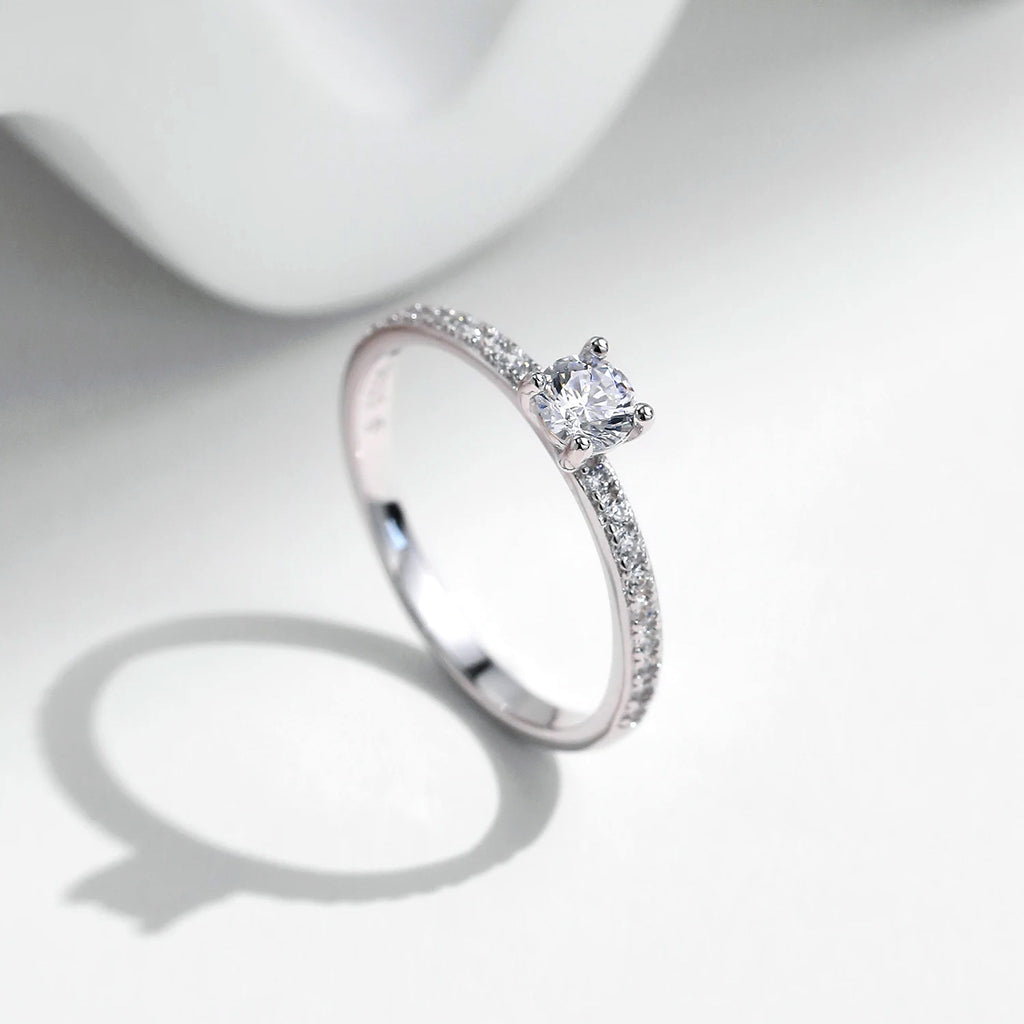 Petite Lab-Created Moissanite Solitaire Ring with Pavé Band, 925 Sterling Silver, additional view