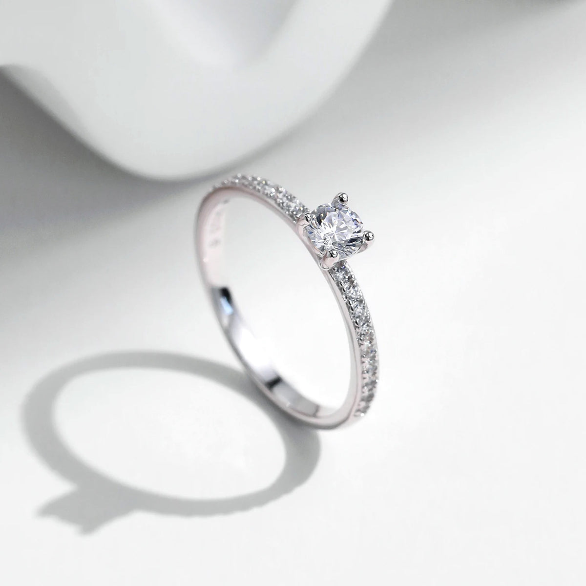 Petite Lab-Created Moissanite Solitaire Ring with Pavé Band, 925 Sterling Silver, additional view